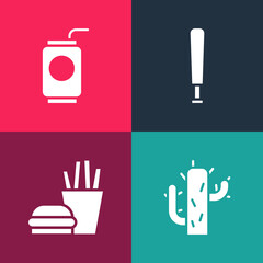 Set pop art Cactus, Burger and french fries, Baseball bat and Soda can with straw icon. Vector.