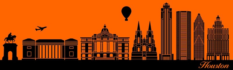 Vector city skyline silhouette - illustration, 
Town in orange background, 
Houston Texas