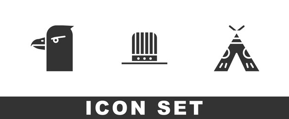 Set Eagle head, Patriotic American top hat and Indian teepee or wigwam icon. Vector. © Kostiantyn