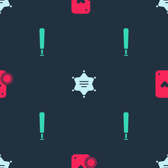 Set Casino chip and playing cards, Hexagram sheriff and Baseball bat on seamless pattern. Vector.