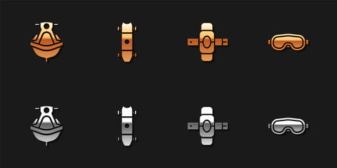 Set Jet ski, Longboard or skateboard, Knee pads and Ski goggles icon. Vector.