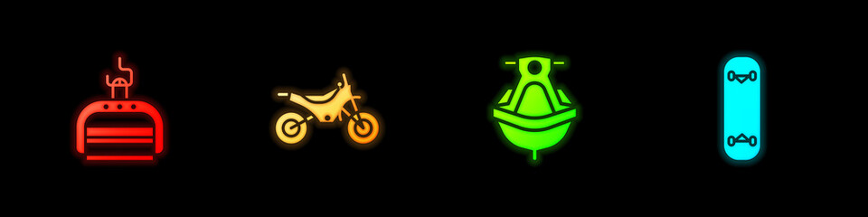 Set Ski lift, Mountain bike, Jet ski and Skateboard trick icon. Vector.