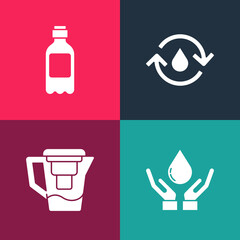 Set pop art Washing hands with soap, Water jug filter, Recycle clean aqua and Bottle of water icon. Vector.