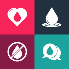 Set pop art Water drop with speech bubbles, forbidden, and Heart water icon. Vector.