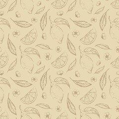 Fototapeta na wymiar Lemon hand draw seamless pattern background wallpaper. Cute seamless pattern with lemons. Vector seamless pattern with lemon, leaves and flower. Citrus line seamless background.