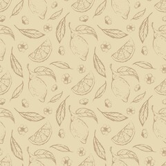 Lemon hand draw seamless pattern background wallpaper. Cute seamless pattern with lemons. Vector seamless pattern with lemon, leaves and flower. Citrus line seamless background.