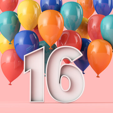 Happy 16th birthday background with colourful balloons. 3D Rendering