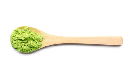 Spoon with powdered matcha tea on white background