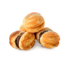 Tasty cookies with boiled condensed milk on white background