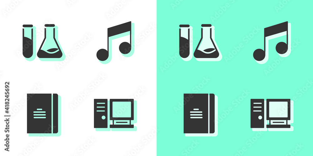 Poster set computer monitor, test tube and flask, spiral notebook and music note, tone icon. vector.