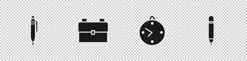 Set Pen, School backpack, Clock and Pencil with eraser icon. Vector.