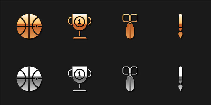 Set Basketball ball, Award cup, Scissors and Paint brush icon. Vector.