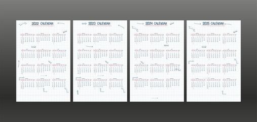2022 2023 2024 2025 calendar weekly planner and to do list. hand drawn font type text and elements, school note style, checkered notebook sheet with lineart arrows and frames.