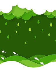 Vector and digital craft style of ocean with fish, Ecological concept.