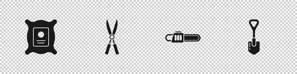 Set Pack full of seeds of plant, Gardening handmade scissors, Chainsaw and Shovel icon. Vector.