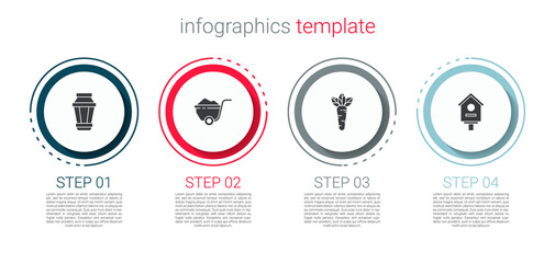 Set Garden light lamp, Wheelbarrow with dirt, Carrot and Bird house. Business infographic template. Vector.