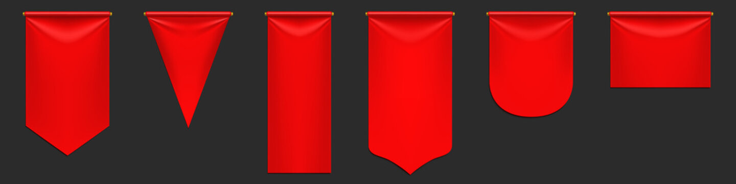 Red pennant flags mockup, blank hanging banners with rounded, pointed and straight edges. Medieval heraldic ensign template, scarlet canvas. Realistic 3d vector icons isolated on black background, set