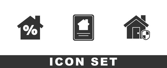 Set House with percant discount, Online real estate house and under protection icon. Vector.
