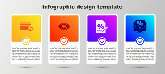 Set Discount card with percent, Eye, Finance document and Percent discount and monitor. Business infographic template. Vector.