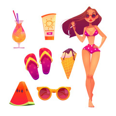 Summer beach set with woman in bikini, cocktail, sunglasses and slippers. Vector cartoon icons of vacation on tropical resort with girl in swimsuit, ice cream, watermelon slice and sunscreen