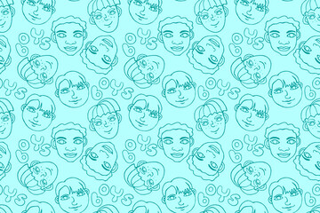 Seamless pattern with cartoon faces vector people. Hand drawn line art illustration. Outline doodle heads of kids boys girls. Childish texture backdrop