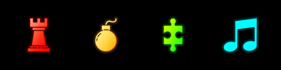 Set Business strategy, Bomb ready to explode, Piece of puzzle and Music note, tone icon. Vector.