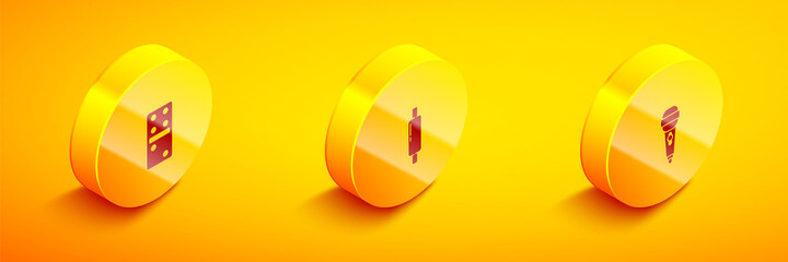 Set Isometric Domino, Rolling pin and Microphone icon. Vector.