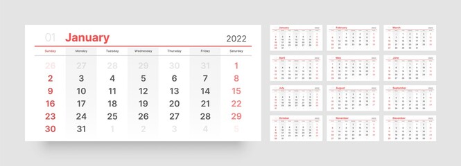 Monthly calendar template for 2022 year. Week Start on Sunday. Wall calendar in a minimalist style.