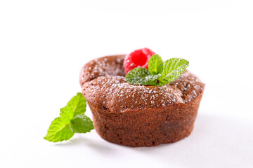 chocolate cake and raspberry isolated on white background