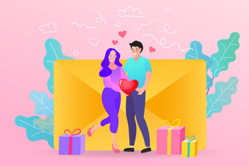 Young men and women holding red hearts behind them is a large envelope. Letter for Valentine's day. 