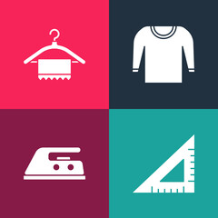 Set pop art Triangular ruler, Electric iron, Sweater and Hanger wardrobe icon. Vector.