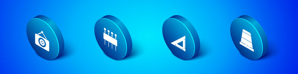 Set Isometric Tailor shop, Triangular ruler, Thimble for sewing and Needle icon. Vector.