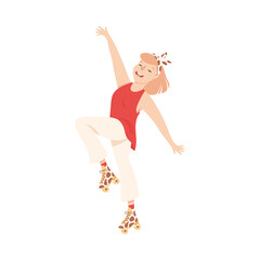 Smiling Woman Dancing on Roller Skates Performing Tricky Movement Vector Illustration