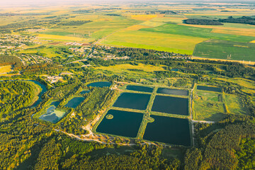 Aerial View Retention Basins, Wet Pond, Wet Detention Basin Or Stormwater Management Pond, Is An Artificial Pond With Vegetation Around The Perimeter, And Includes A Permanent Pool Of Water In Its