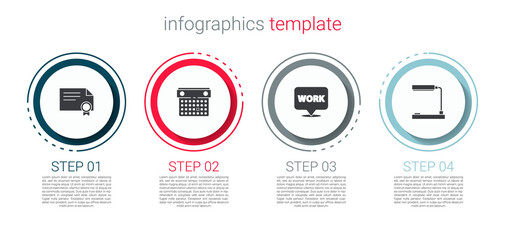 Set Certificate template, Calendar, Location with text work and Table lamp. Business infographic template. Vector.