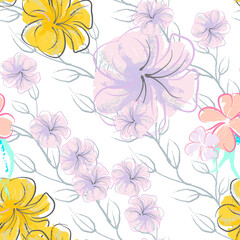 Pink Flowers Blooming Pattern. Pastel Watercolor.