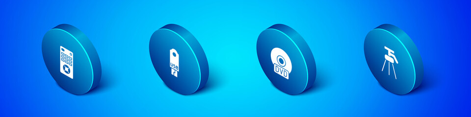 Set Isometric Remote control, CD or DVD disk, Tripod and USB flash drive icon. Vector.