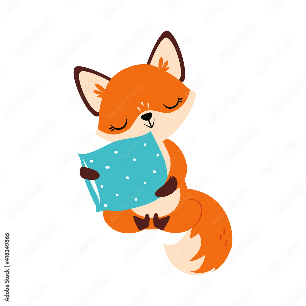 Poster Cute Little Fox Sitting and Hugging Soft Pillow Vector Illustration