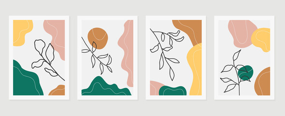 Botanical abstract art backgrounds vector. Summer square banner.  Foliage line art drawing with abstract shape. Works for wall framed prints, social media post, poster, home decor, cover, wallpaper.