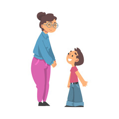 Grandma in Glasses Standing and Talking to Her Grandson Vector Illustration