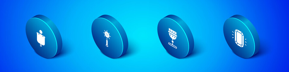 Set Isometric Medieval flag, goblet, Diamond and chained mace ball icon. Vector.