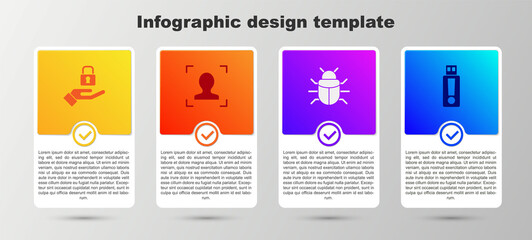 Set Lock in hand, Face recognition, System bug and USB flash drive. Business infographic template. Vector.