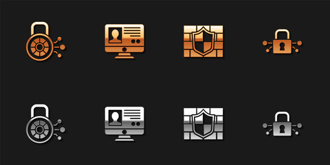 Set Cyber security, Create account screen, Shield with brick wall and icon. Vector.