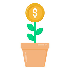 
Dollar coin with leaves denoting flat icon of money plant 

