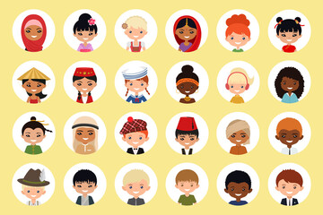 User icons of men and women of different nationalities on light background. Cartoon flat style
