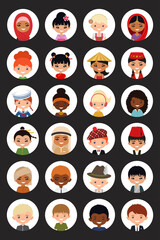 Icons set of users of men and women of different nationalities on white background. Cartoon flat style