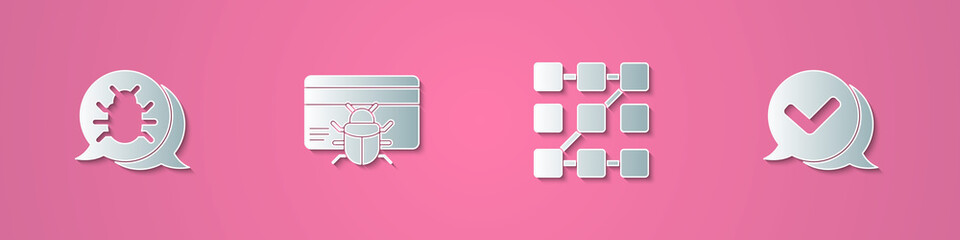 Set paper cut System bug, in credit card, Graphic password protection and Check mark speech bubble icon. Paper art style. Vector.
