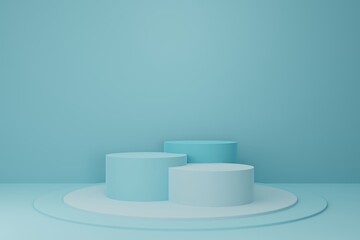 3D empty cylinder display podiums for product advertising on blue background. 3D rendering of display podium and background.