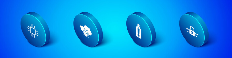 Set Isometric Processor with microcircuits CPU, USB flash drive, Cyber security and System bug on cloud icon. Vector.