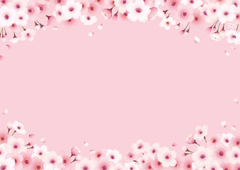 桜の手描きフレーム　横　ピンク背景 上下